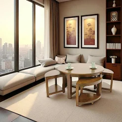 Maori Tables Basses Rondes|Table basse hévéa D90cm + 4 tabourets