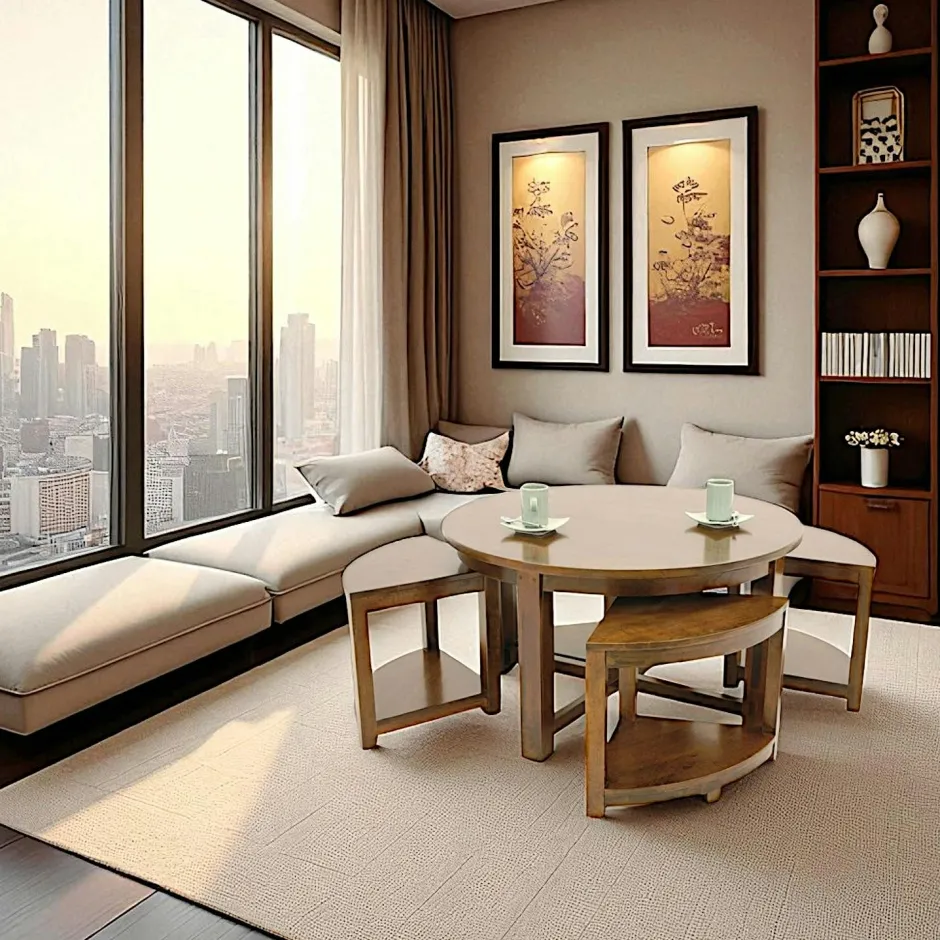 Maori Tables Basses Rondes|Table basse hévéa D90cm + 4 tabourets