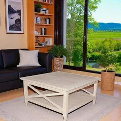 Maori Tables Basses Carrées|Table basse Hévéa double plateaux et côtés croisillons 90x90x45cm / TRADITION