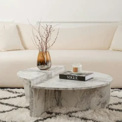 MARFA Tables Basses Rondes|Tables Basses Gigognes|Table basse moderne effet marbre blanc - 2 hauteurs