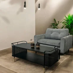 Atelier Tables Basses Vintage|Table basse noire pieds dorés double plateau