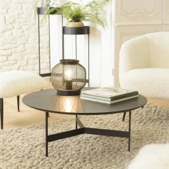 CORUMBA Tables Basses Rondes|Tables Basses Industrielles|Table basse noire ronde bois-métal