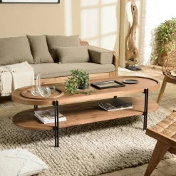 Swing Tables Basses Industrielles|Table basse ovale double plateau en teck recyclé 160 cm