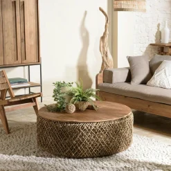 Swing Tables Basses Rondes|Table basse ronde 83 cm fibre tressée et bois