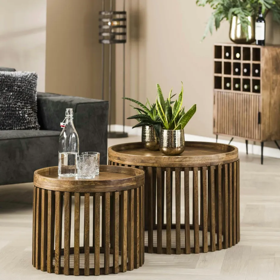 DELHI Univers Déco·Globe-Trotter|Tables Basses Rondes|Table basse ronde ajourée en manguier (lot de 2)