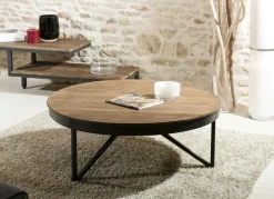Swing Tables Basses Scandinaves|Tables Basses Rondes|Table basse ronde bois de teck recyclé métal noir grand modèle