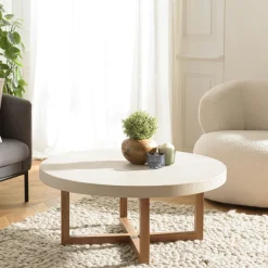 DIKA Tables Basses Rondes|Table basse ronde béton beige pieds bois croisés