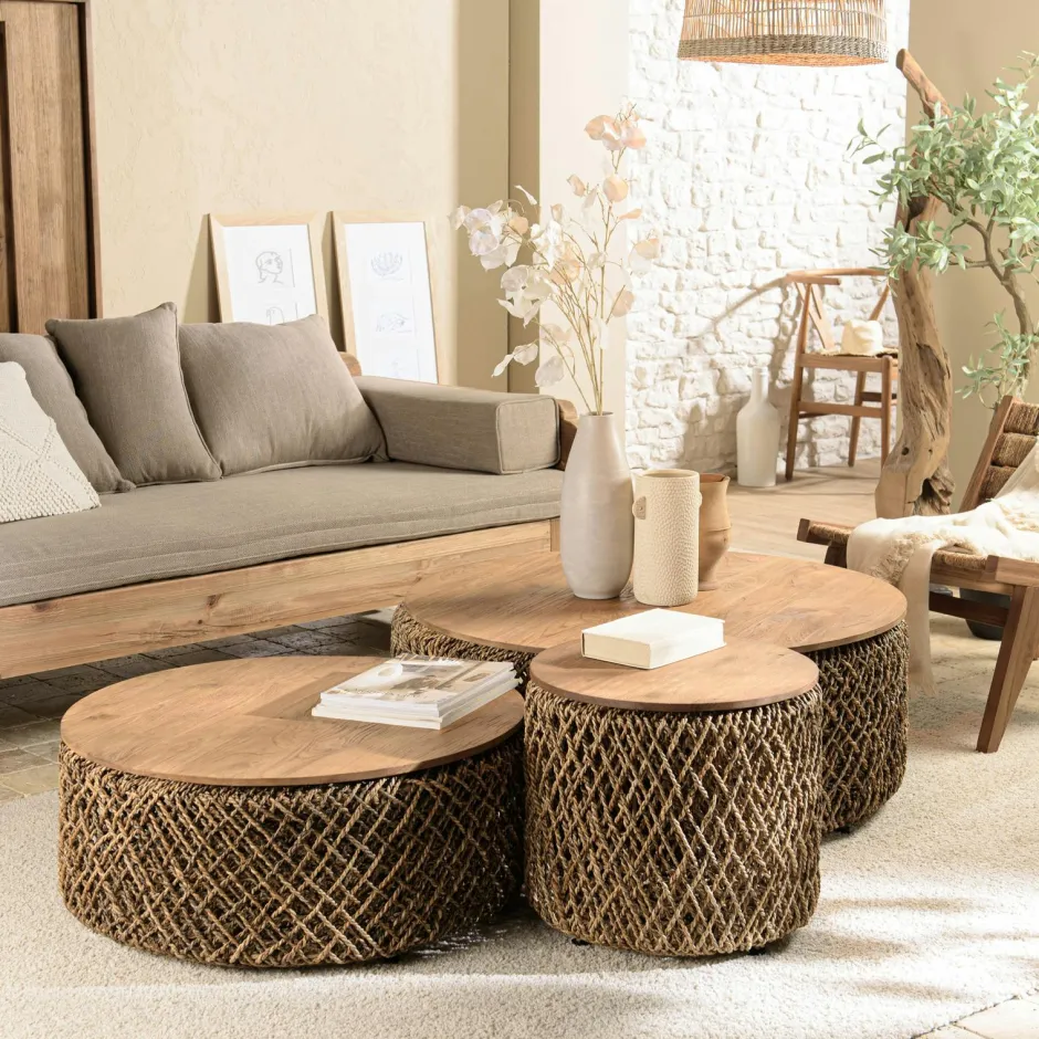 HERCULE Tables Basses De Jardin|Table basse ronde de jardin bambou et béton 80 cm