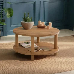 MARFA Tables Basses Rondes|Table basse ronde double plateau effet pin détail noir