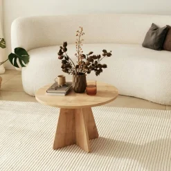 MARFA Tables Basses Rondes|Table basse ronde effet bois clair & pieds trapèze