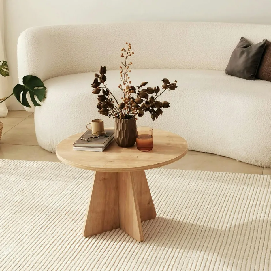 MARFA Tables Basses Rondes|Table basse ronde effet bois clair & pieds trapèze