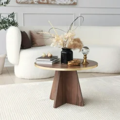 MARFA Tables Basses Rondes|Table basse ronde effet noyer & pieds trapèze