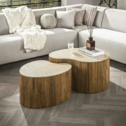 ASCOLI Tables Basses Gigognes|Table basse ronde en bois de manguier et céramique (lot de 2)