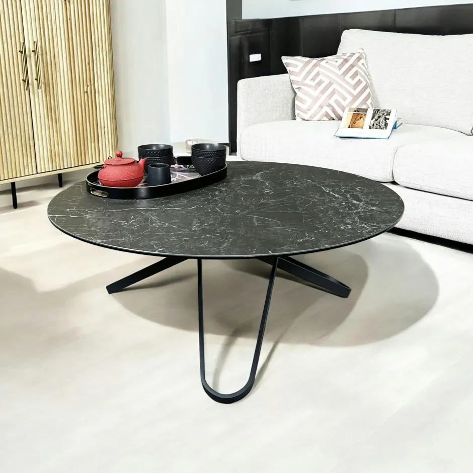 LOMBARDIE Tables Basses Rondes|Table basse ronde en céramique marbrée blanche