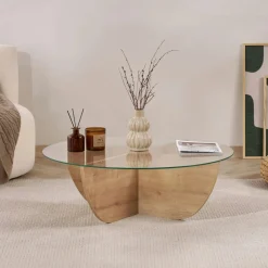 SALTA Tables Basses En Verre|Tables Basses Rondes|Table basse ronde en verre pied croisé effet bois