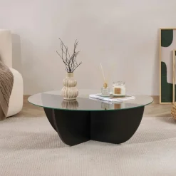 SALTA Tables Basses En Verre|Tables Basses Rondes|Table basse ronde en verre pied croisé effet bois