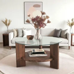 ANZIO Tables Basses En Verre|Tables Basses Rondes|Table basse ronde en verre et bois clair - 2 plateaux