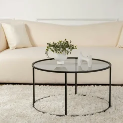 TULUM Tables Basses En Verre|Tables Basses Rondes|Table basse ronde en verre – cadre noir ⌀80 cm