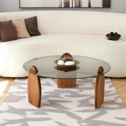 ANZIO Tables Basses En Verre|Tables Basses Rondes|Table basse ronde en verre fumé - 3 pieds bois brun