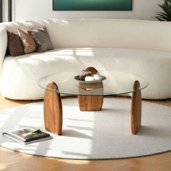 ANZIO Tables Basses En Verre|Tables Basses Rondes|Table basse ronde en verre fumé - 3 pieds bois brun