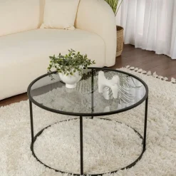 TULUM Tables Basses En Verre|Tables Basses Rondes|Table basse ronde en verre – cadre doré ⌀80 cm