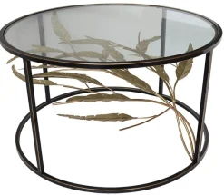 HIMALAYA Tables Basses En Verre|Tables Basses Rondes|Table basse ronde feuillage doré