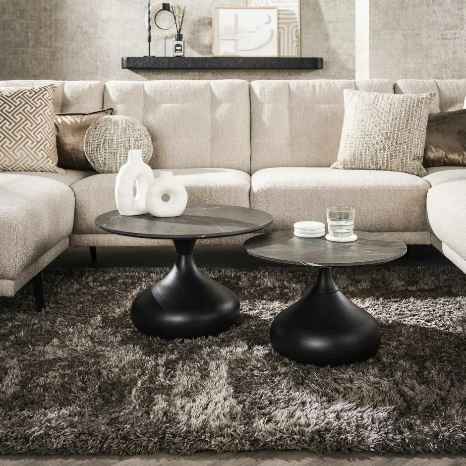 RALF Tables Basses Gigognes|Table basse ronde forme organique plateau effet marbre noir (lot de 2)