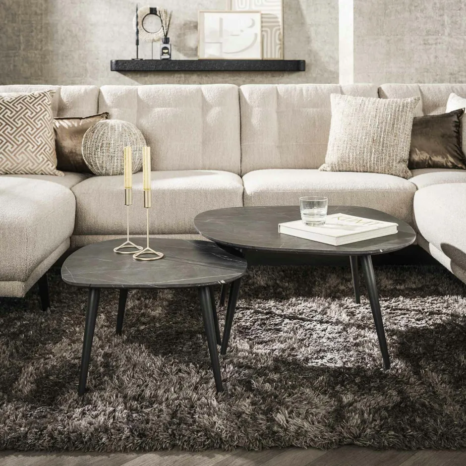 RALF Tables Basses Gigognes|Table basse ronde forme organique plateau effet marbre noir (lot de 2)