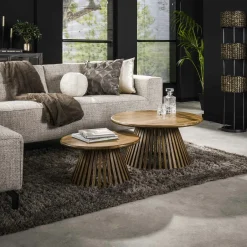 DELHI Sellettes En Métal|Tables D'Appoint Rondes|Table basse ronde gigogne motif baguette en bois de manguier (lot de 2)