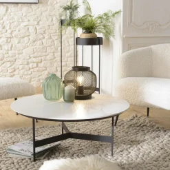 CORUMBA Tables Basses Rondes|Table basse ronde plateau blanc pierre marbrée