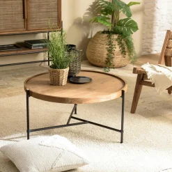 Swing Tables Basses Rondes|Tables Basses Industrielles|Table basse ronde plateau teck recyclé avec rebord 76,5 cm