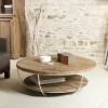 Swing Tables Basses Scandinaves|Tables Basses Rondes|Table basse ronde teck recyclé structure filaire blanche 2 plateaux