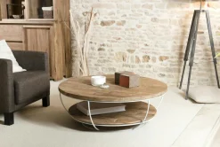 Swing Tables Basses Scandinaves|Tables Basses Rondes|Table basse ronde teck recyclé structure filaire blanche 2 plateaux