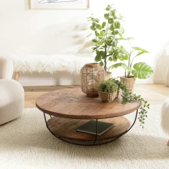 Swing Tables Basses Scandinaves|Tables Basses Rondes|Table basse ronde teck recyclé structure filaire blanche 2 plateaux