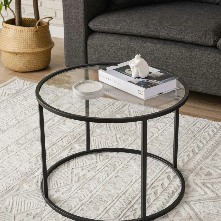 TULUM Tables Basses En Verre|Tables Basses Rondes|Table basse ronde verre fumé ⌀60 cm - structure noire