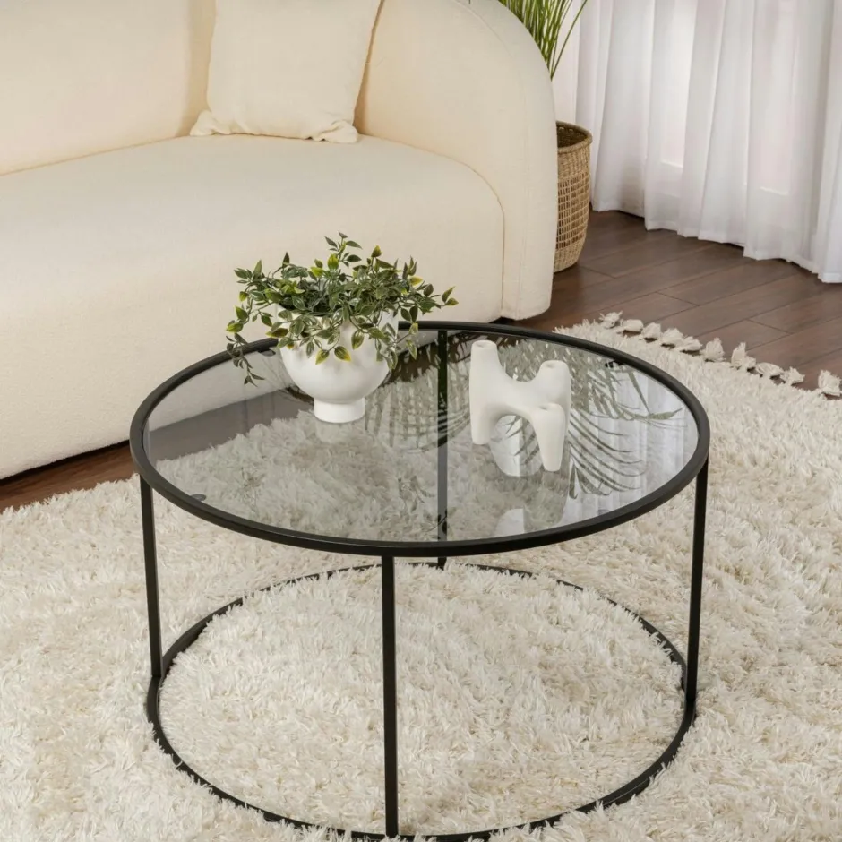 TULUM Tables Basses En Verre|Tables Basses Rondes|Table basse ronde verre fumé – cadre noir ⌀80 cm
