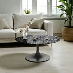 LIGURIE Tables Basses En Verre|Tables Basses Rondes|Table basse ronde verre ondulé noir, pied tulipe