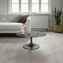 LIGURIE Tables Basses En Verre|Tables Basses Rondes|Table basse ronde verre ondulé noir, pied tulipe