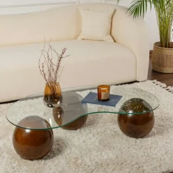 KOCHI Tables Basses En Verre|Table basse verre ambré design – 3 pieds boules marrons