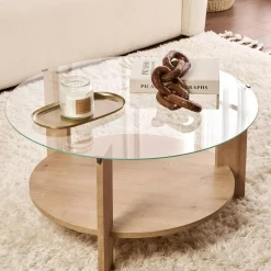 SALTA Tables Basses En Verre|Tables Basses Rondes|Table basse verre double plateau - effet bois de noyer