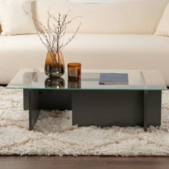 SALTA Tables Basses En Verre|Table basse verre déstructurée – base effet chêne clair