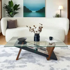 LHASA Tables Basses En Verre|Table basse verre et bois brun - fonction porte-revues