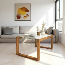 LHASA Tables Basses En Verre|Table basse verre et bois brun - forme rectangle