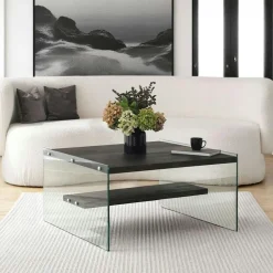 LHASA Tables Basses En Verre|Tables Basses Carrées|Table basse verre et bois - plateaux clairs suspendus