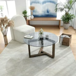 ANZIO Tables Basses En Verre|Tables Basses Rondes|Table basse verre fumé - pied 3 branches, bois foncé