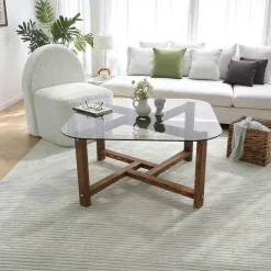 ANZIO Tables Basses En Verre|Table basse verre fumé et bois - forme carrée douce