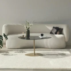 TULUM Tables Basses En Verre|Table basse verre fumé minimaliste, galet et pied doré