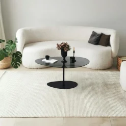 TULUM Tables Basses En Verre|Table basse verre fumé minimaliste, galet et pied doré