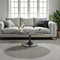 LIGURIE Tables Basses En Verre|Table basse verre ondulé noir ovale, pied tulipe