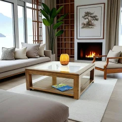 Helena Tables Basses Carrées|Table basse vitrée carrée hévéa 100cm